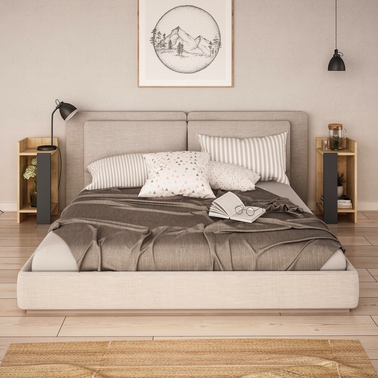 Set 2 noptiere Elos, Decortie, 25x27x60 cm, bej/antracit - imagine 4
